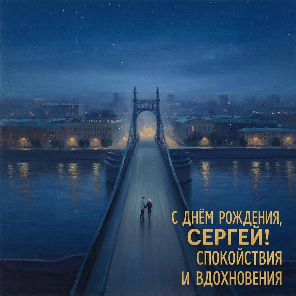 Ночной город с мостом — С днём рождения, Сергей! Спокойствия и вдохновения.
