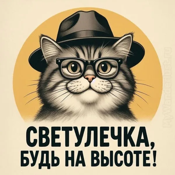 Забавная иллюстрация кота в очках и шляпе (портрет в карикатурном стиле) — Светулечка, будь на высоте! коротко и весело.