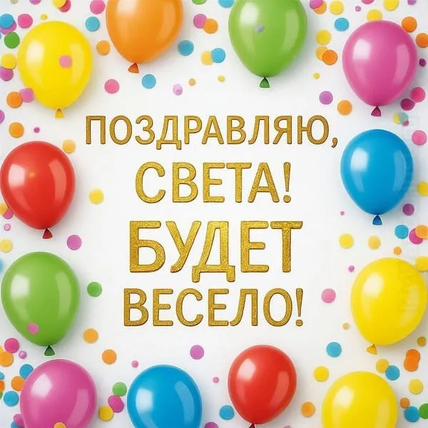 Конфетти и воздушные шары на ярком фоне — текст Поздравляю, Света! Пусть будет весело!