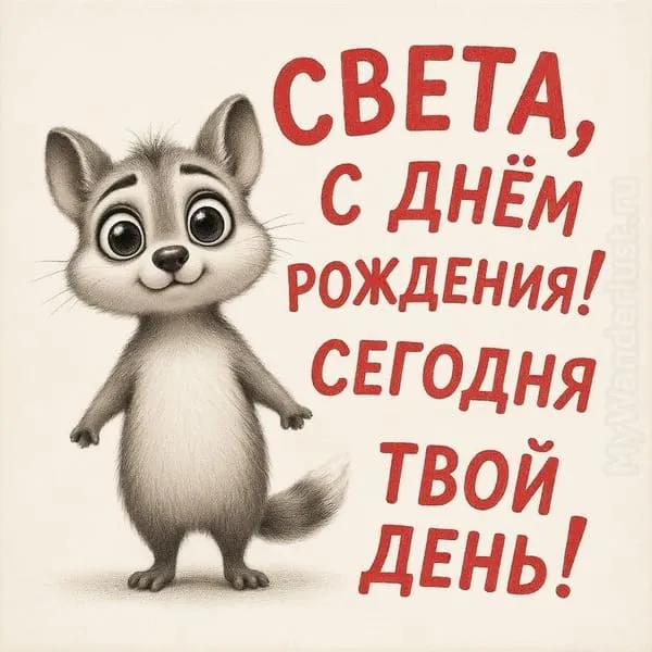 Забавный зверек с поднятыми бровями и надписью-подмигиванием — Света, улыбайся! Сегодня твой день!