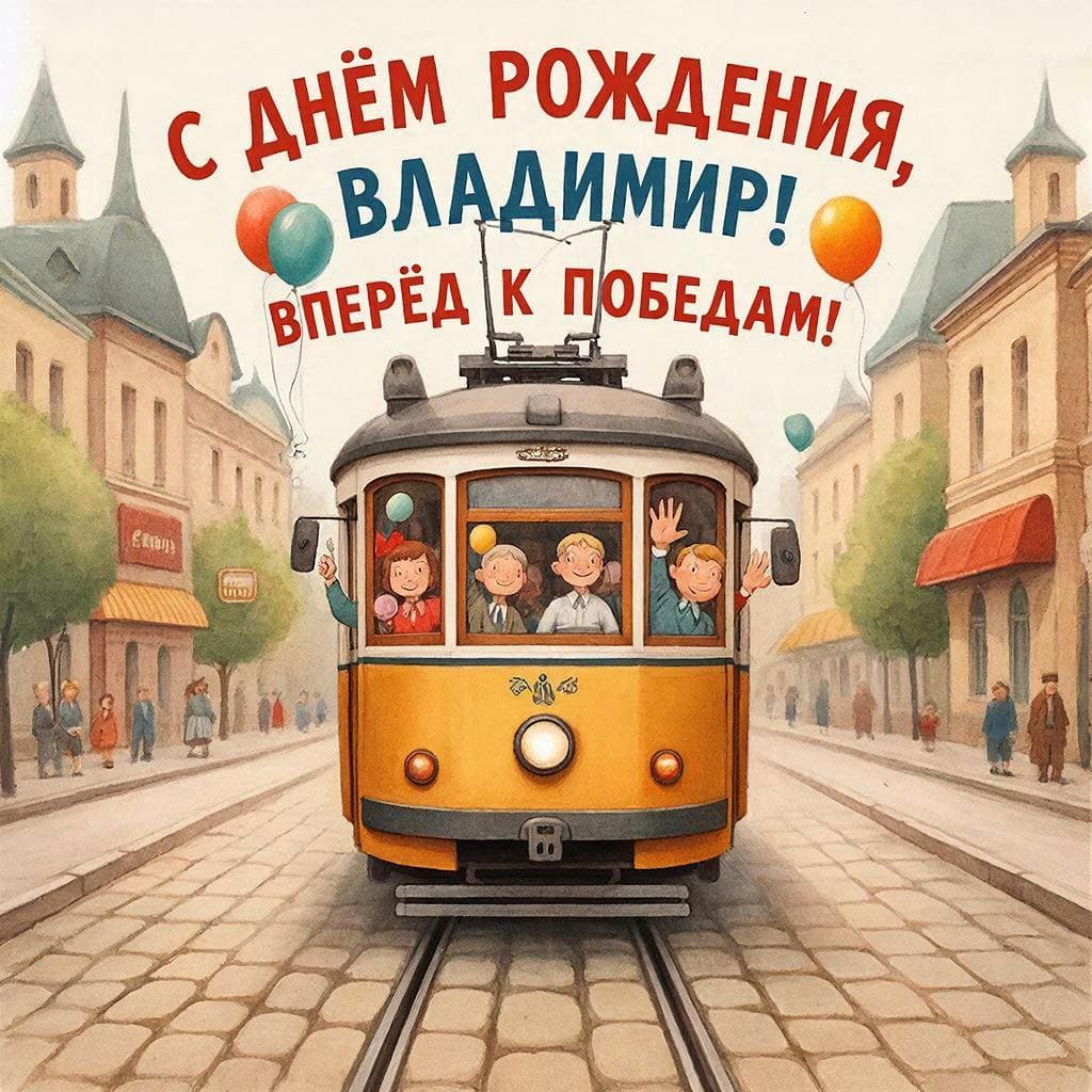 Ретро‑трамвай на мощёной улице — С днём рождения, Владимир! Вперёд к победам