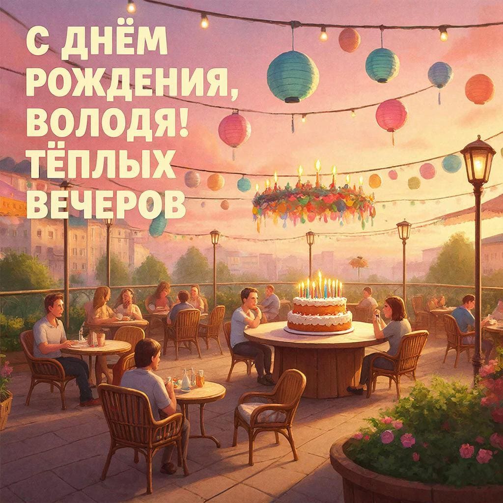 Кафе‑терраса вечером с фонарями — С днём рождения, Володя! Тёплых вечеров