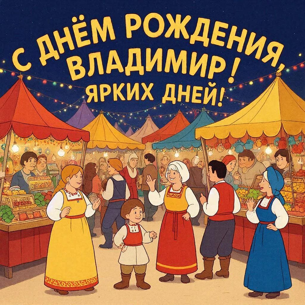 Ночной рынок с яркими палатками — С днём рождения, Владимир! Ярких дней