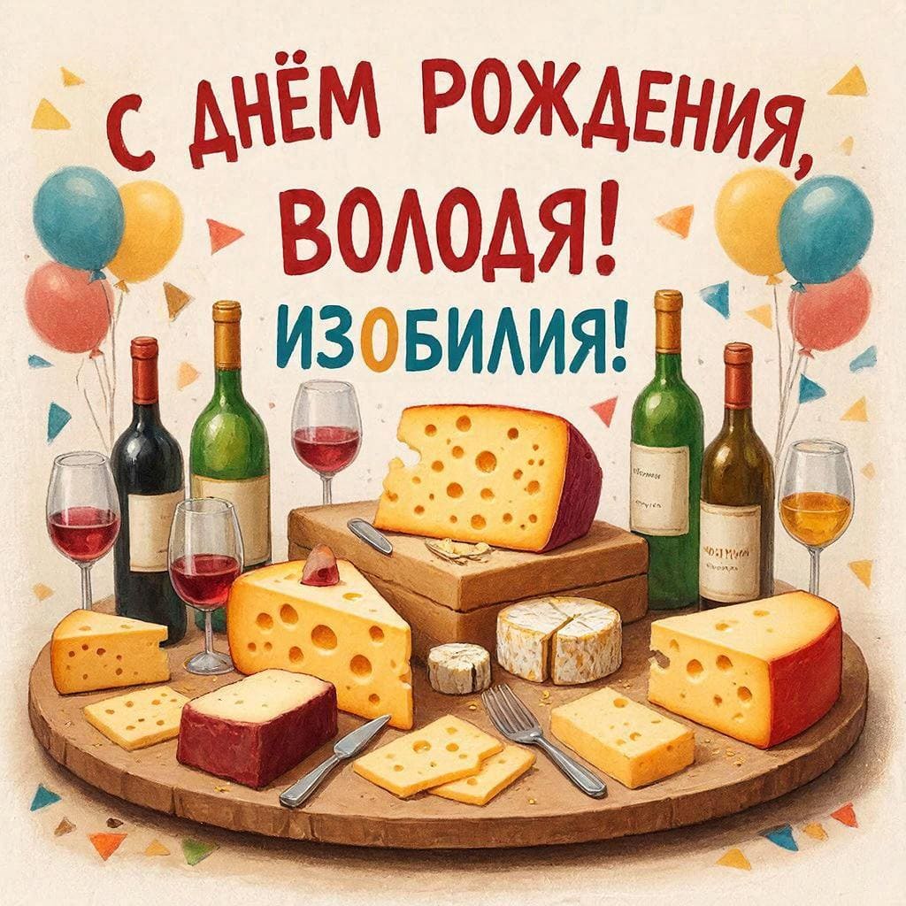 Большой сырный стол и вино — С днём рождения, Володька! Изобилия