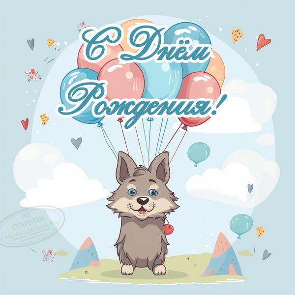 Праздничная открытка, пушистый серый волк, воздушные шары