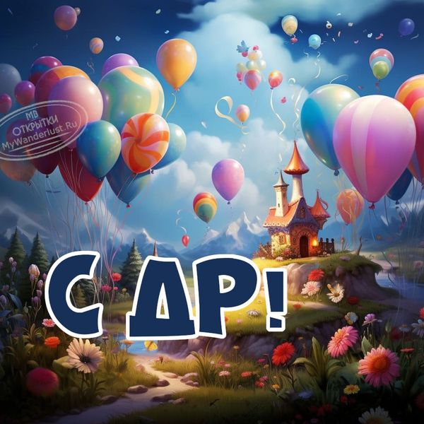 Воздушные шары в небе и на земле, открытка с поздравлением, красивый пейзаж