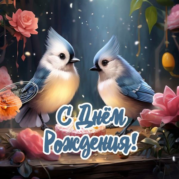 Две красивые птички, открытка с поздравлением