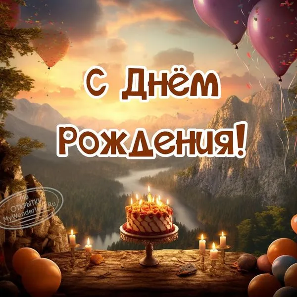 Красивый праздничный торт в горах и поздравление с днем рождения