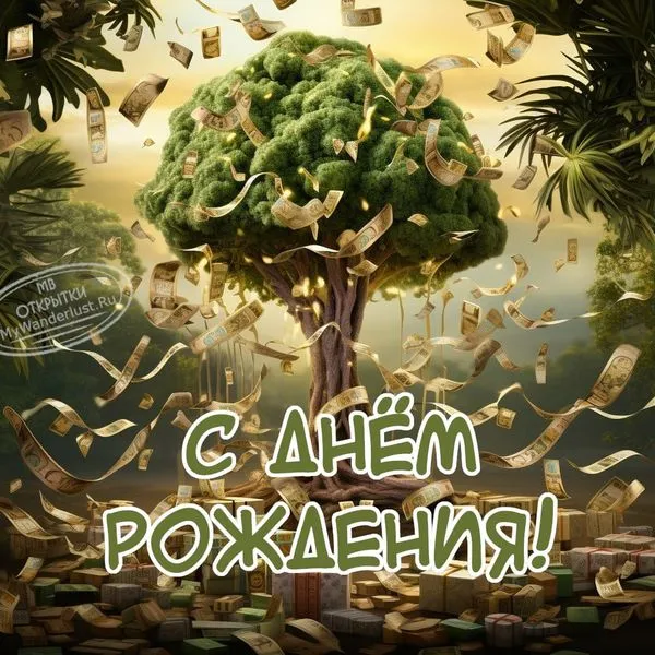 Картинка с пожеланием ко дню рождения и денежным деревом