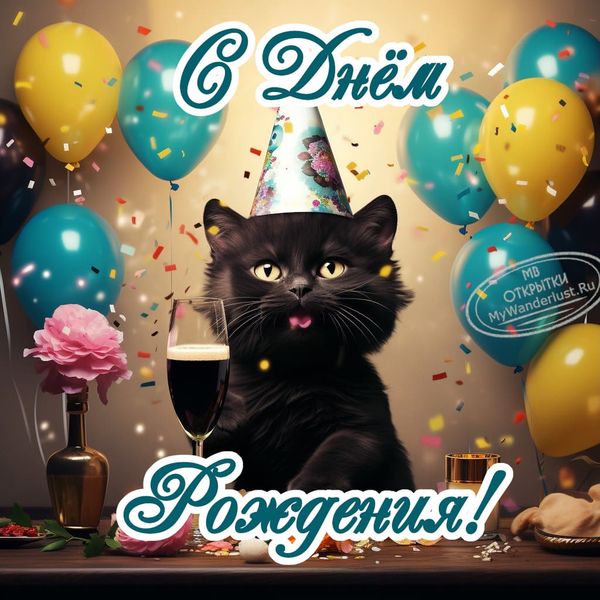 Черный кот, открытка, поздравление, праздничное настроение