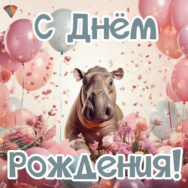 Смешной бегемот, воздушные шары, надпись с днем рождения