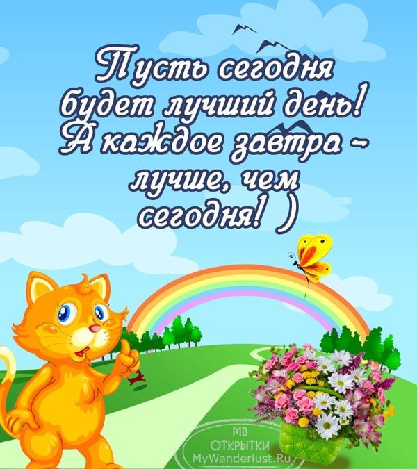 Рыжий котенок, цветы, радуга и пожелание лучшего дня
