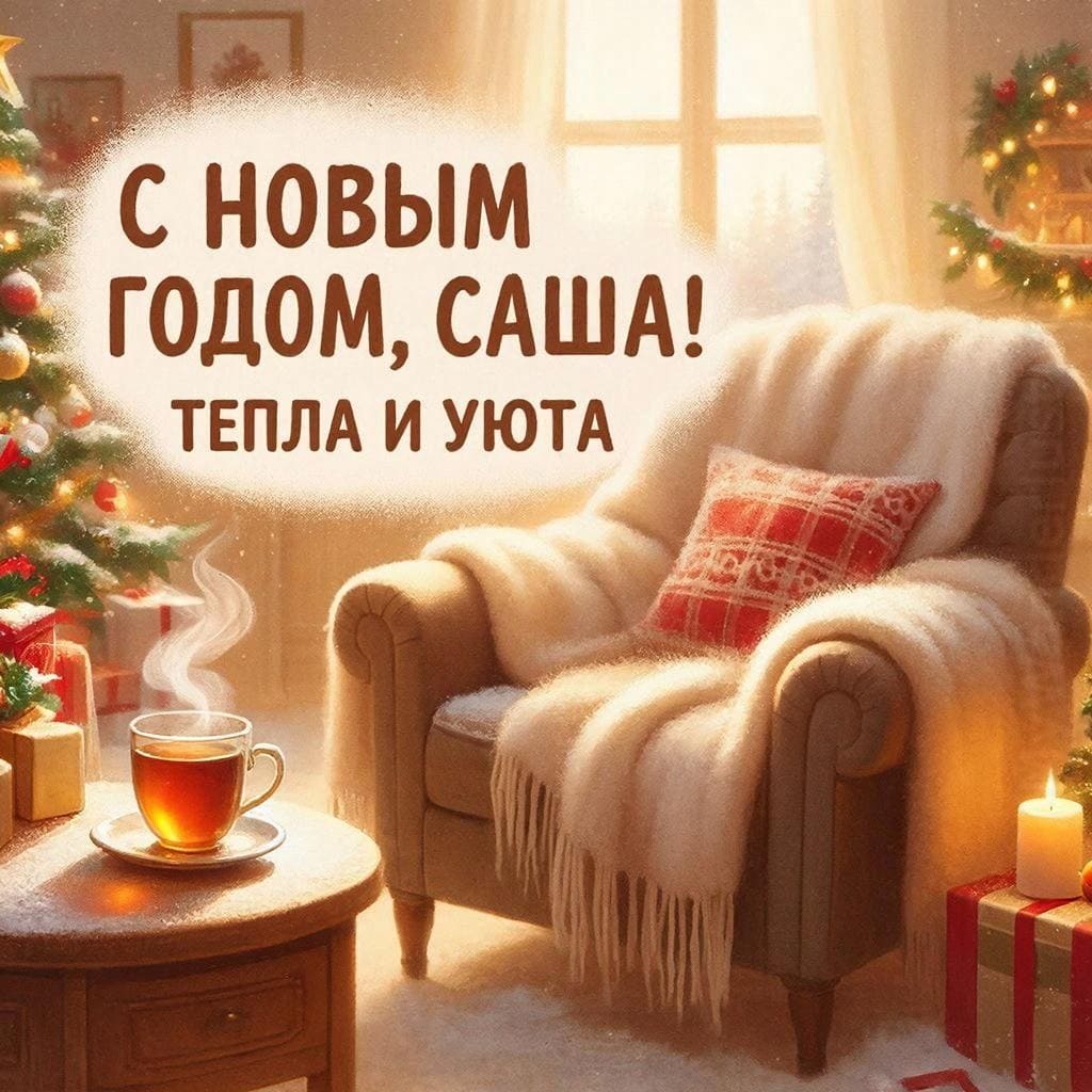 Тёплый плед на кресле, чашка чая и мягкий свет — «С Новым годом, Саша! Тепла и уюта.»