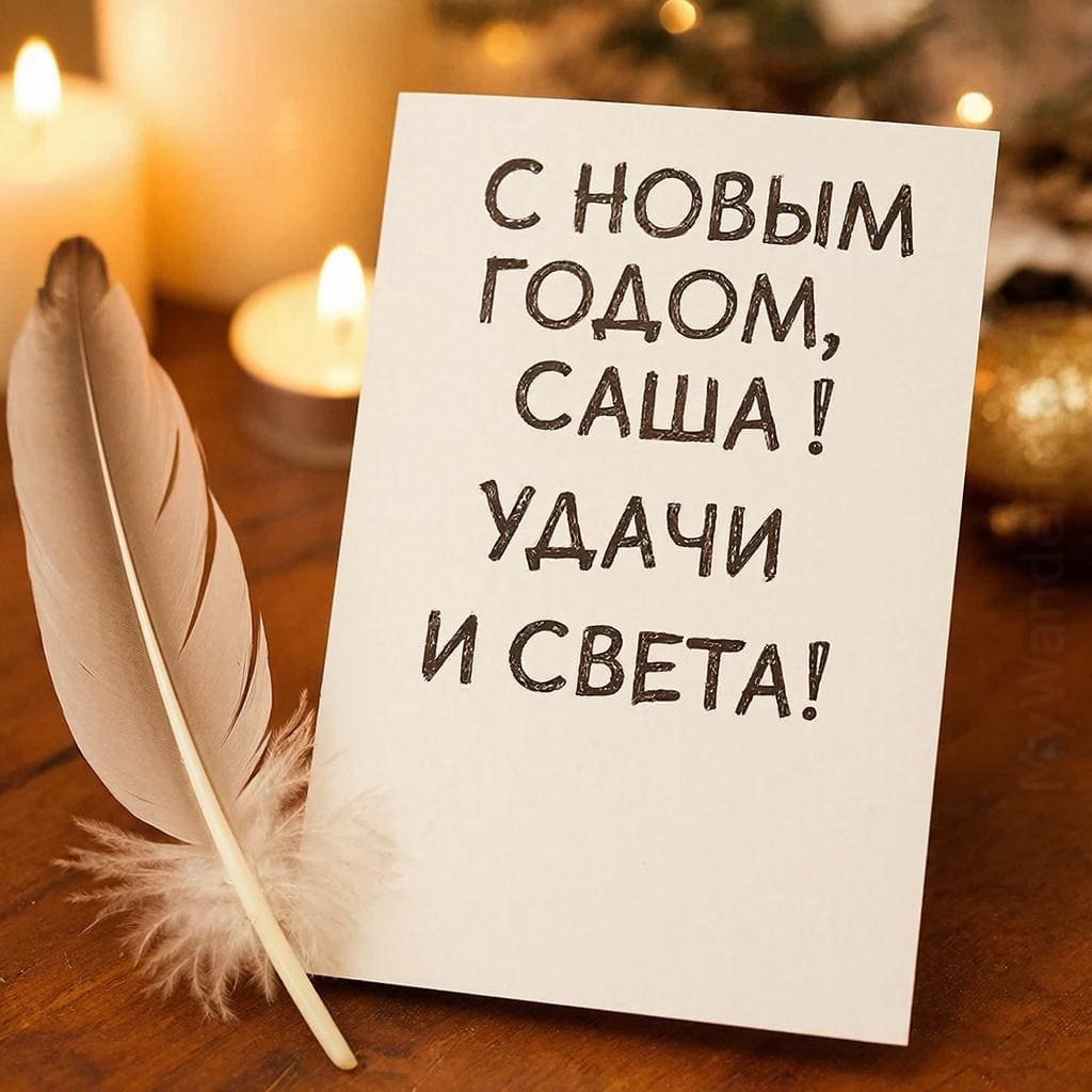 Классическая новогодняя открытка на деревянном столе, перо рядом — «С Новым годом, Саша! Удачи и света.»