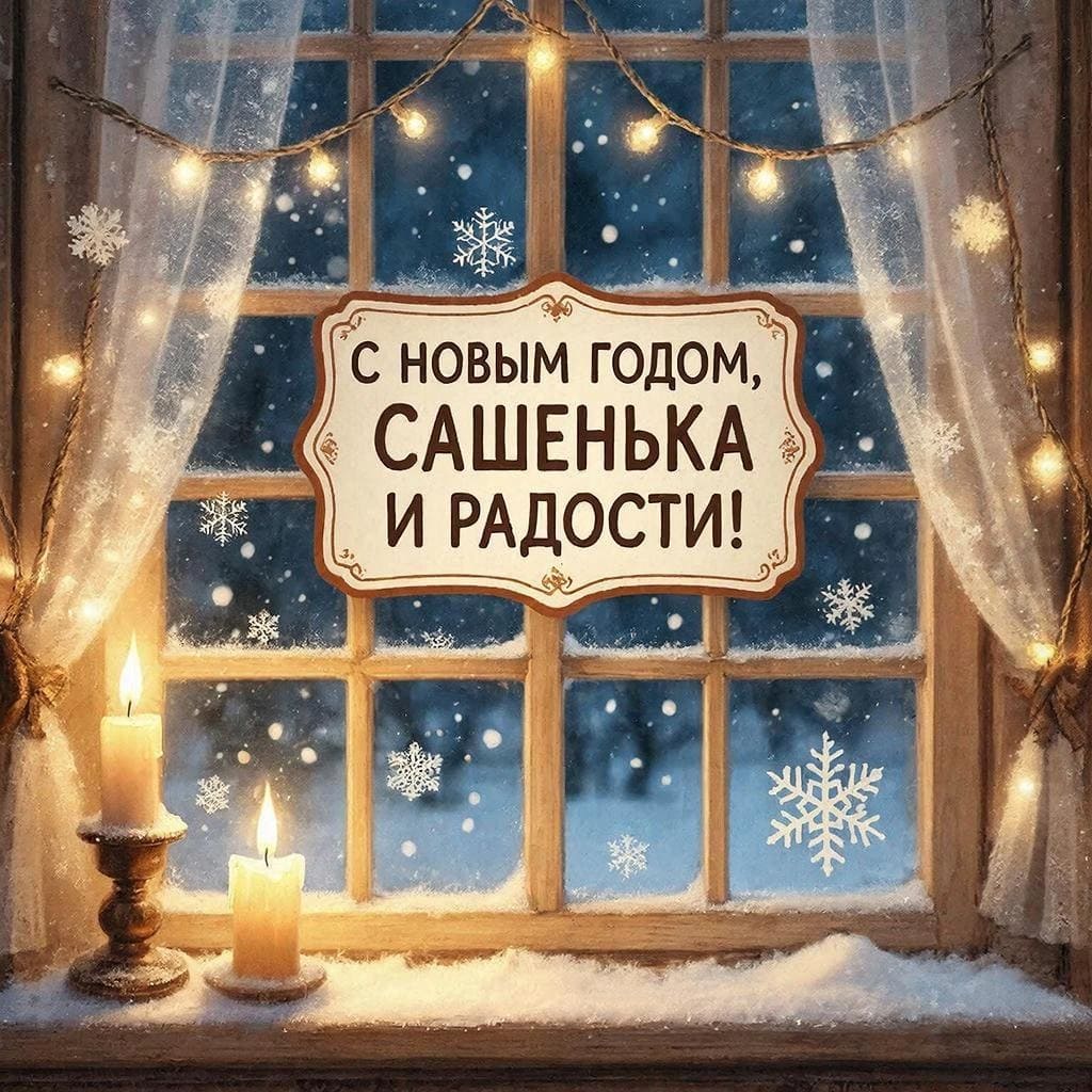 Нежная гирлянда на окне, снежинки снаружи, свеча — «С Новым годом, Сашенька! Здоровья и радости.»