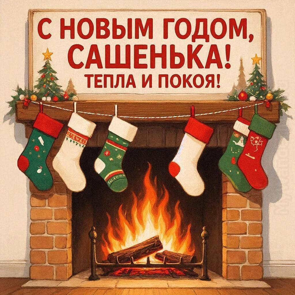 Пара рождественских носков на веревочке у камина, мерцающий огонь — «С Новым годом, Сашенька! Тепла и покоя.»