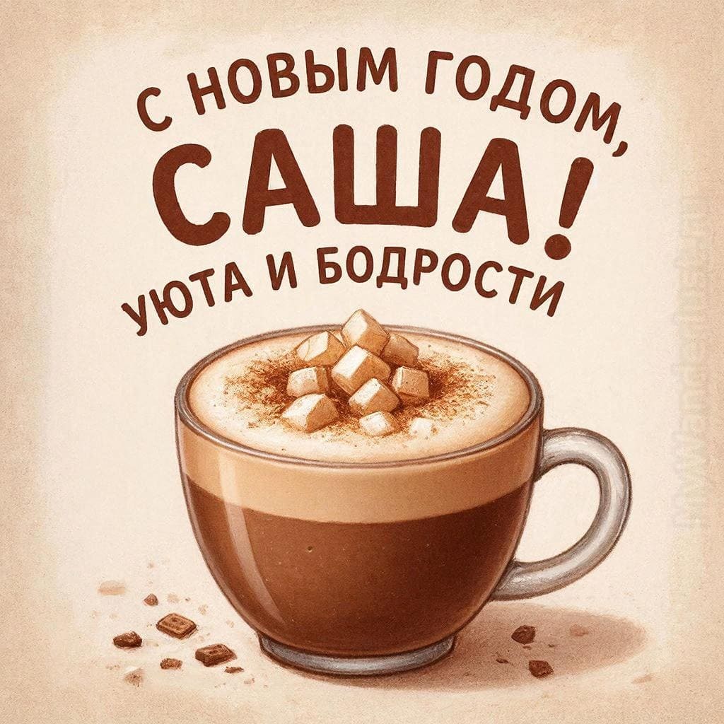 Чашка горячего шоколада с зефиром и корицей сверху — «С Новым годом, Саня! Уюта и бодрости.»
