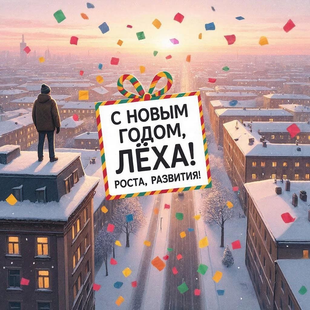 Рассвет над городом, человек на вершине — «С Новым годом, Лёха! Ростa и развития!»