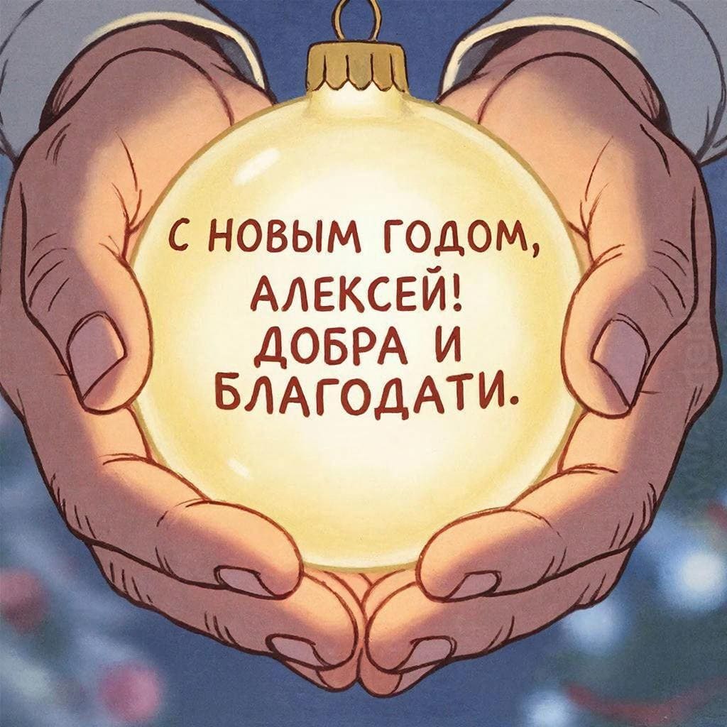 Руки, держащие светящийся новогодний шар — «С Новым годом, Алексей! Добра и благодати.»