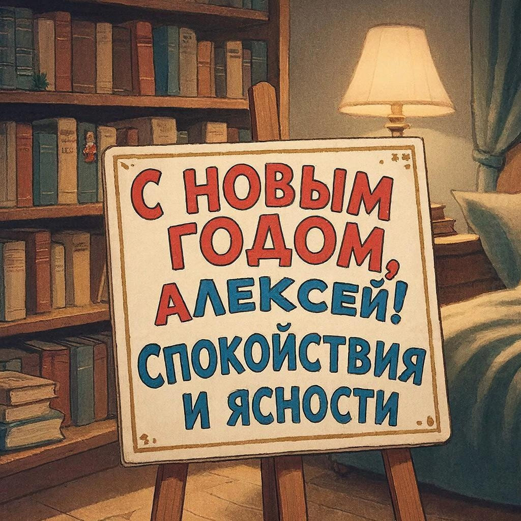 Тихая комната с книгами и лампой — «С Новым годом, Алексей! Спокойствия и ясности.»