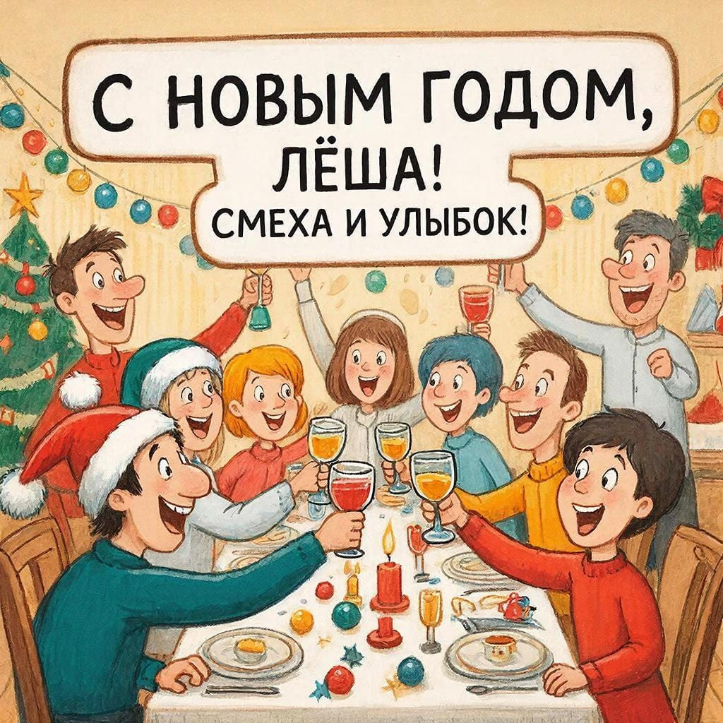 Весёлая компания на вечеринке, смех и тосты — «С Новым годом, Лёша! Смеха и улыбок!»