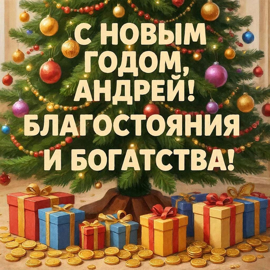 Нежно украшённая ёлка, подарки, золотые монеты — «С Новым годом, Андрей! Благосостояния и богатства.»