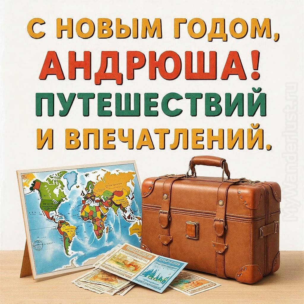 Красивая карта мира, чемодан и билеты — «С Новым годом, Андрюшка! Путешествий и впечатлений.»