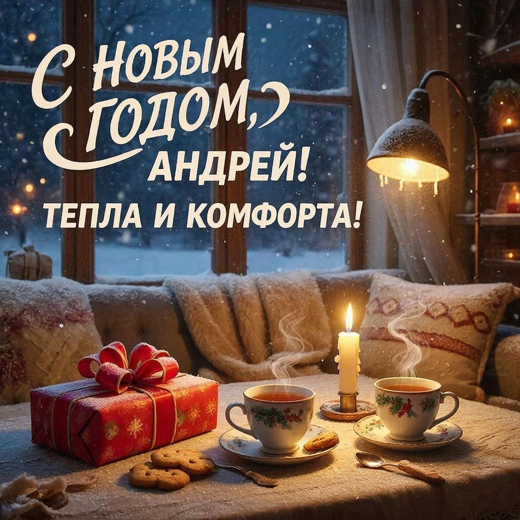 Уютный дом, тёплый плед и чашки чая — «С Новым годом, Андрей! Тепла и комфорта.»