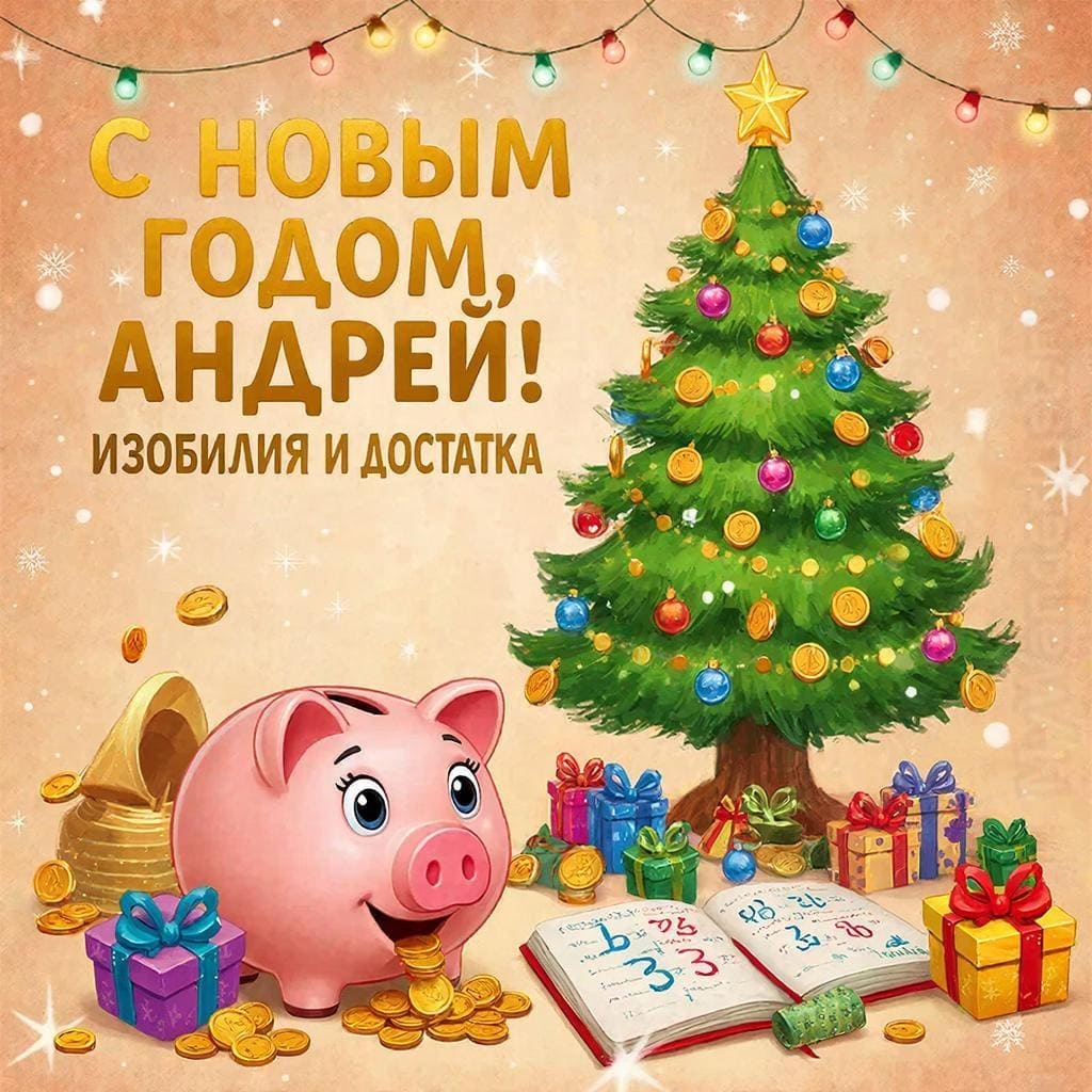 Копилка и расчёты, дерево с монетами — «С Новым годом, Андрей! Изобилия и достатка.»