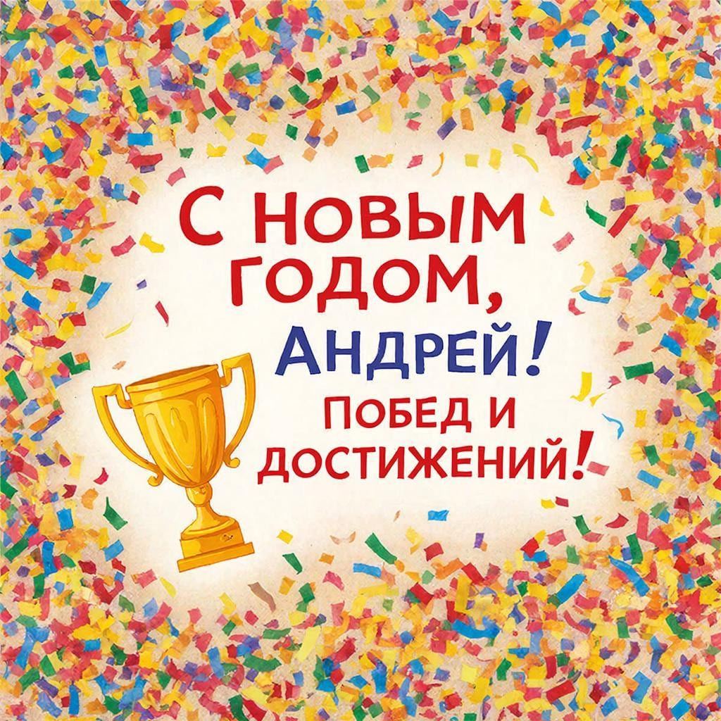 Медаль, кубок и праздничный конфетти — «С Новым годом, Андрей! Побед и достижений.»
