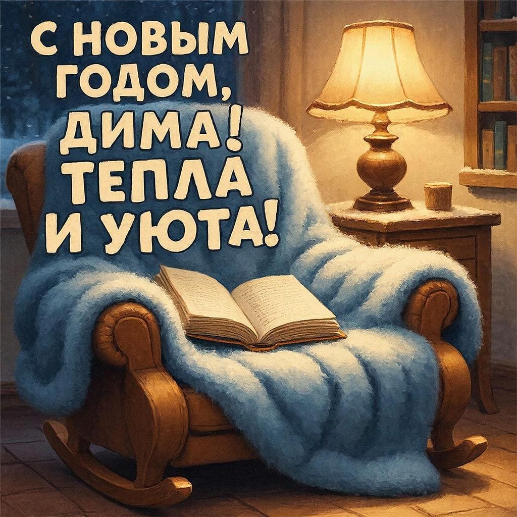 Тёплый плед на кресле, книга и мягкий свет настольной лампы — «С Новым годом, Дима! Тепла и уюта.»