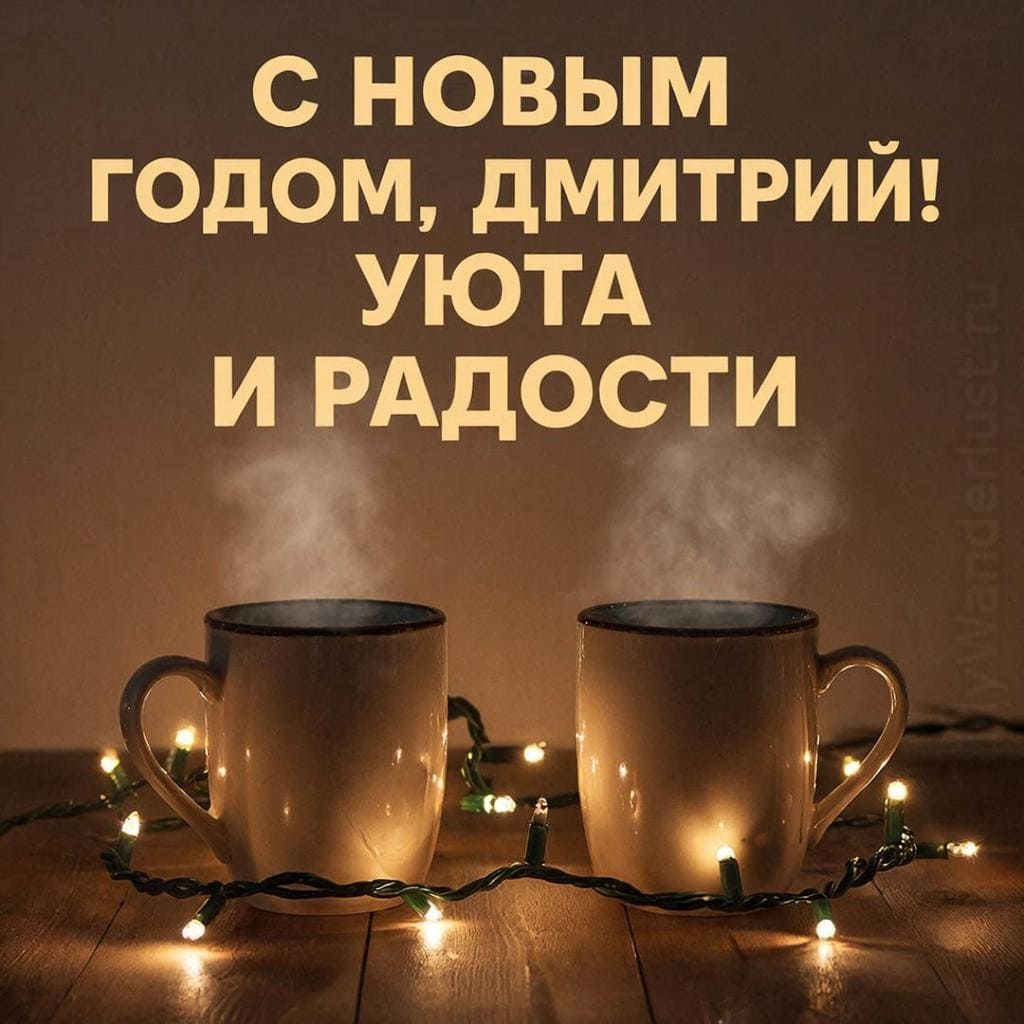 Две керамические кружки с паром, деревянный стол и гирлянда — «С Новым годом, Митя! Уюта и радости.»