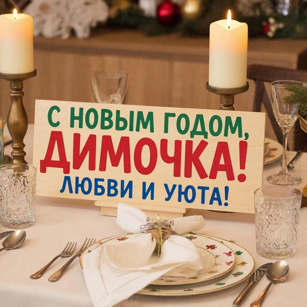 Нежно украшенная сервировка для двоих, свечи и салфетки — «С Новым годом, Димочка! Любви и уюта.»