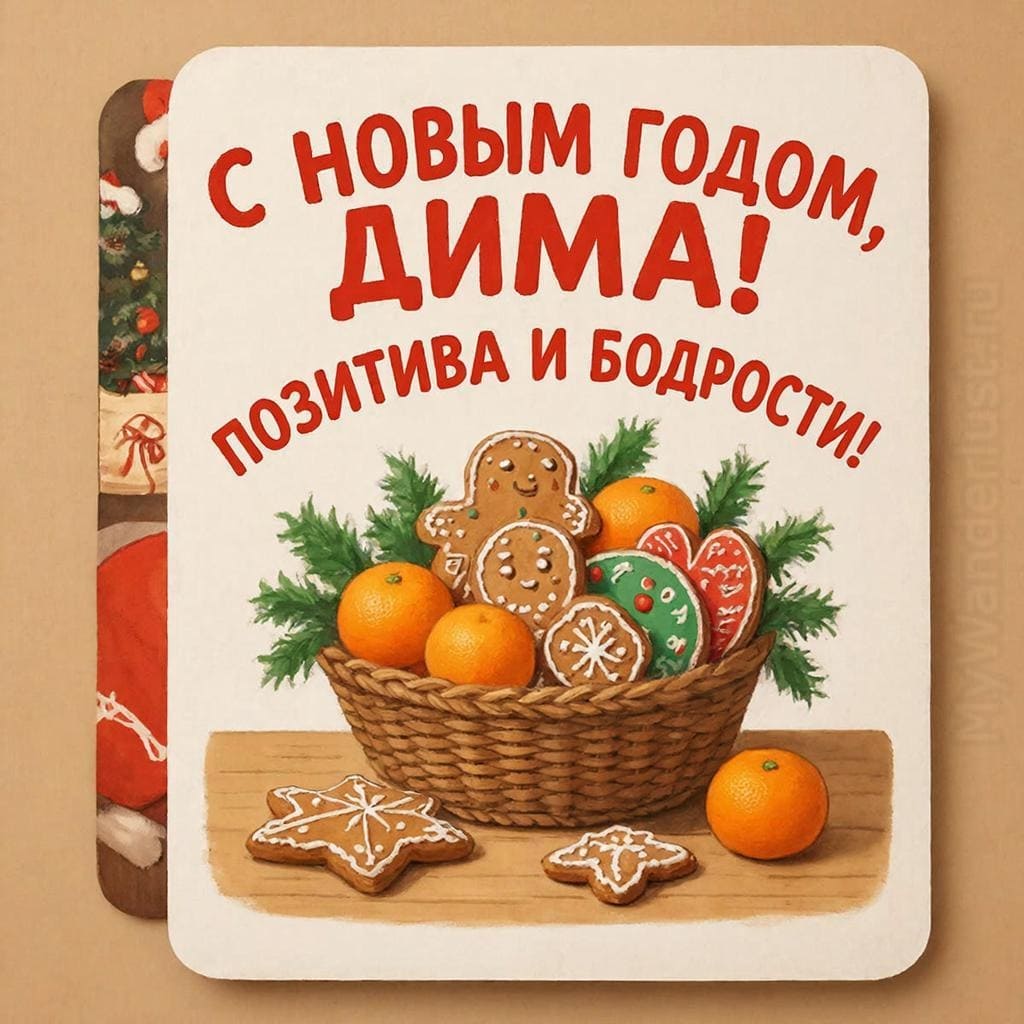 Корзина с мандаринами и пряниками на кухонном столе — «С Новым годом, Дима! Вкуса и бодрости.»