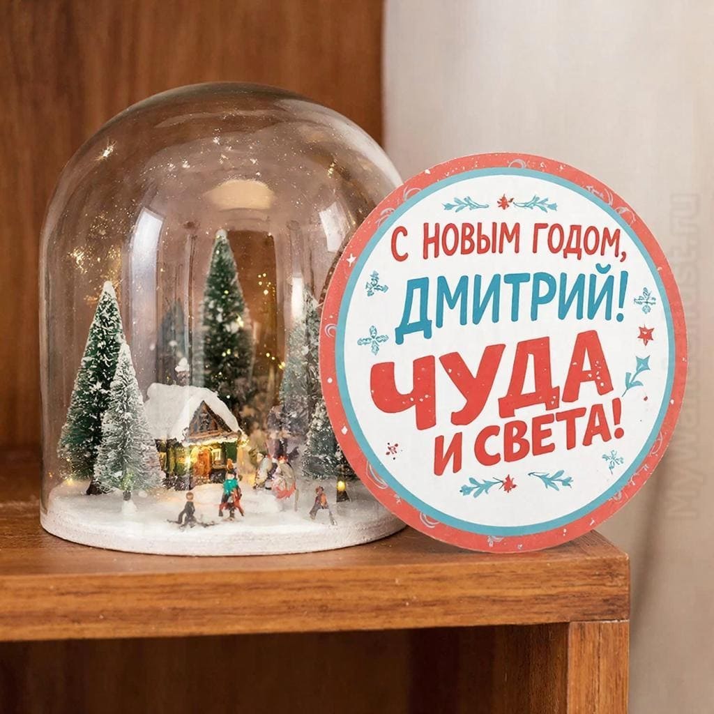 Стеклянный шар с миниатюрной зимней сценой на полке — «С Новым годом, Дима! Чуда и света.»