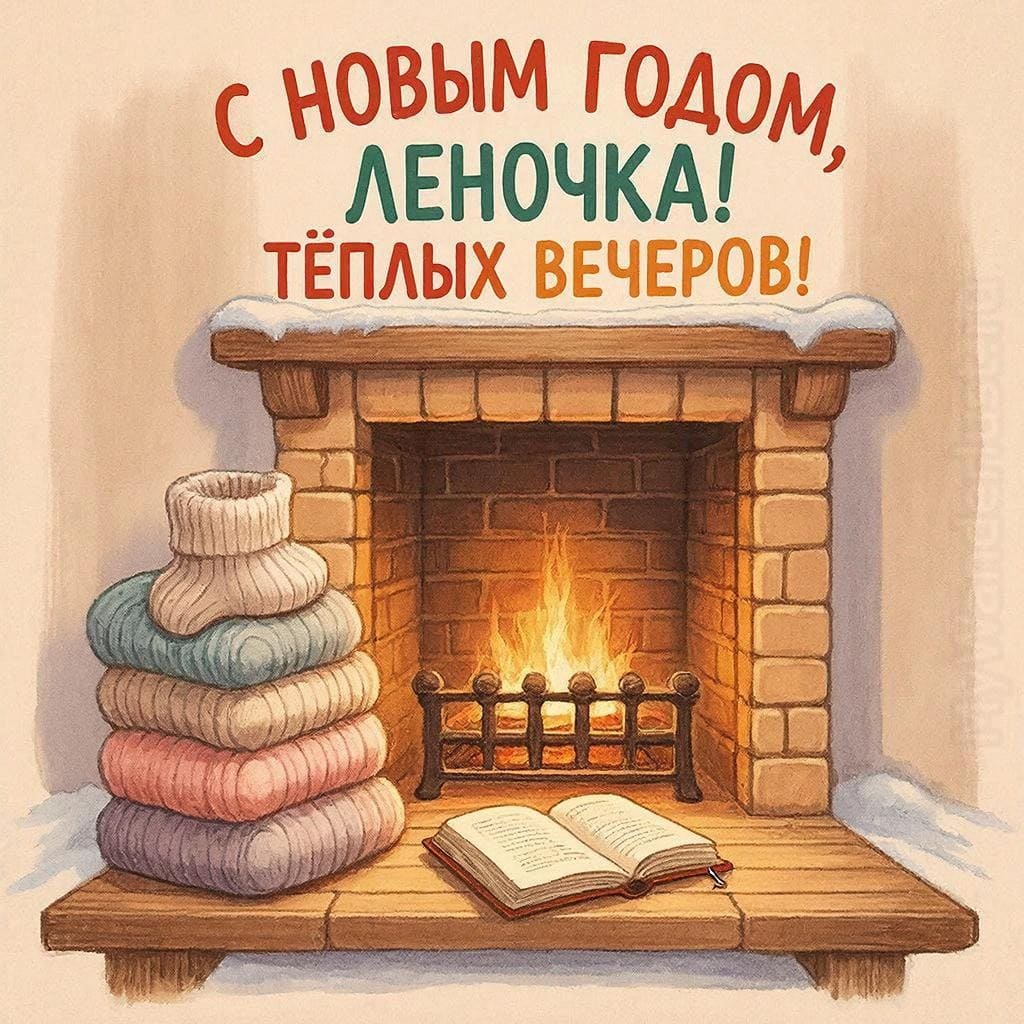 Камин с носками и книжкой на полке — С Новым годом, Леночка! Тёплых вечеров