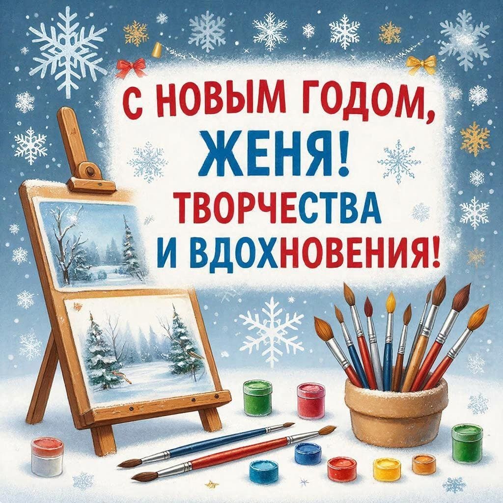 Мольберт с пейзажем, краски и новогодние снежинки — «С Новым годом, Евгений! Творчества и вдохновения!»