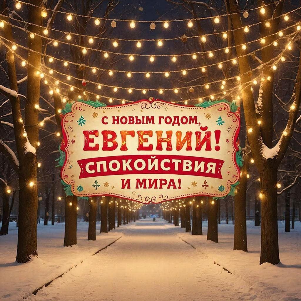 Освещённая дорожка в парке, гирлянды и снежный покров — «С Новым годом, Евгений! Спокойствия и мира!»
