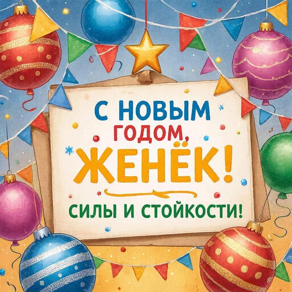 Новогодние шарики и флажки — «С Новым годом, Евгений! Силы и стойкости!»