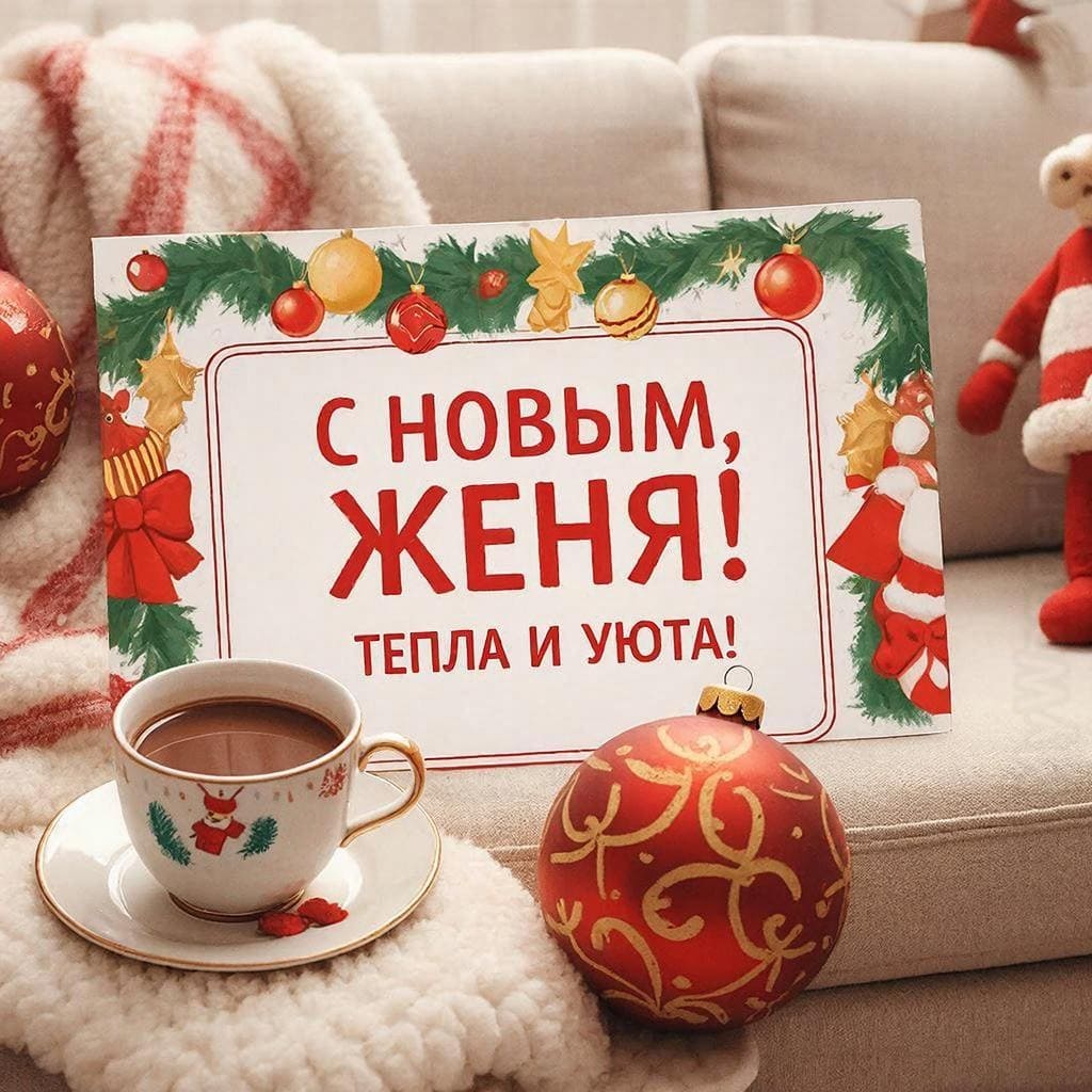 Диван, покрывало, чашка какао и ёлочная игрушка — «С Новым годом, Евгений! Тепла и уюта!»