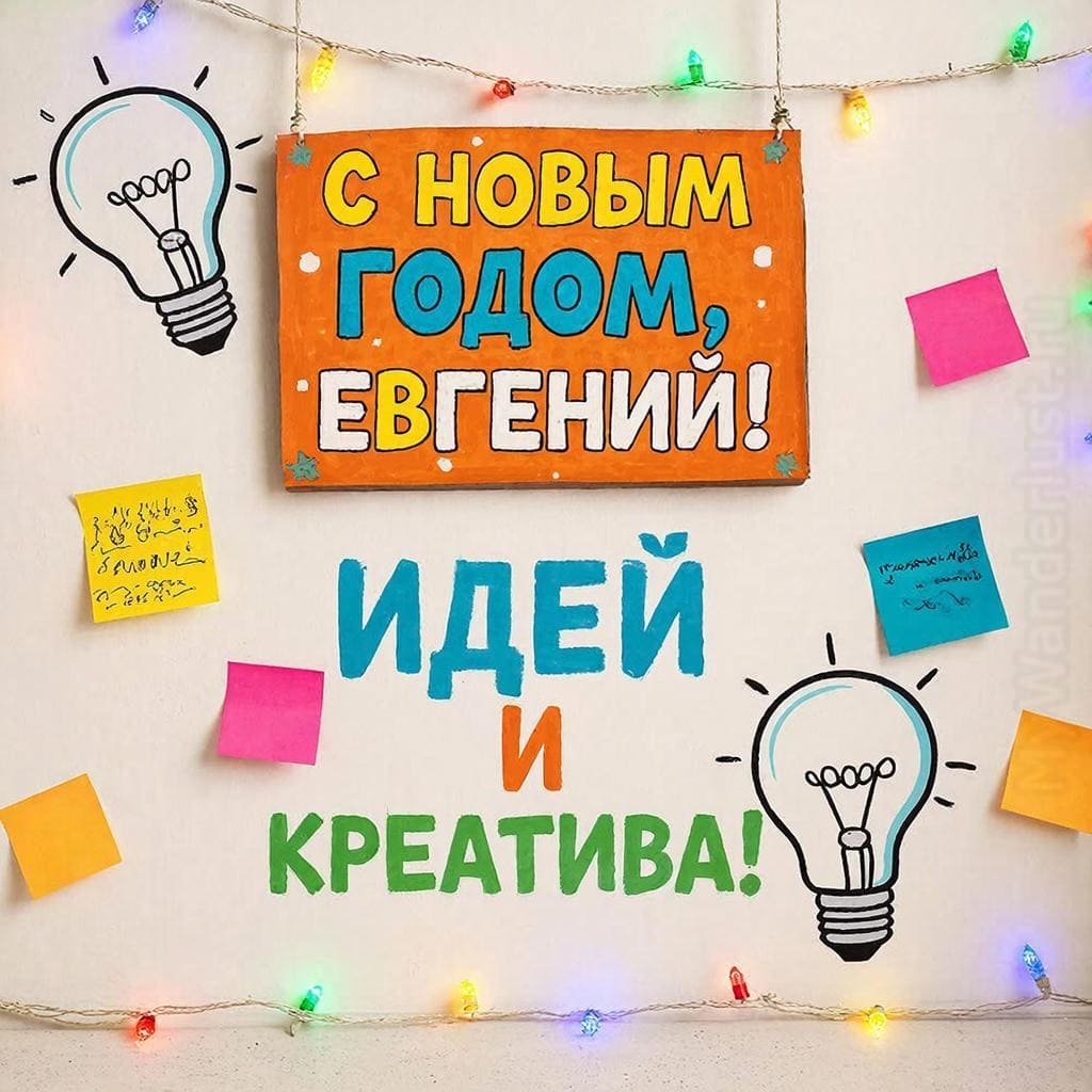 Лампочка идей, стикеры и гирлянда на стене — «С Новым годом, Евгений! Идей и креатива!»