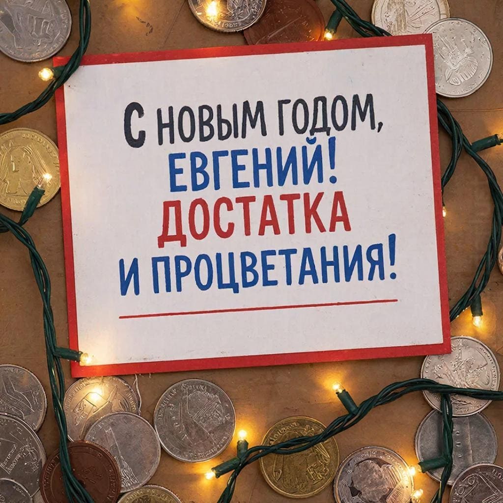 Монеты и новогодние огоньки — «С Новым годом, Евгений! Достатка и процветания!»