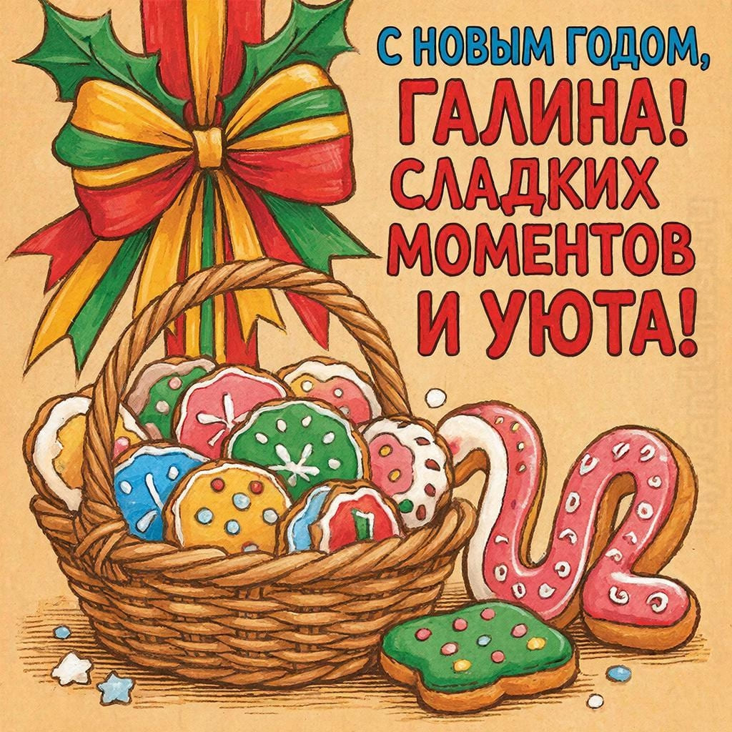 Маленькая плетёная корзинка с новогодними пряниками и лентой — С Новым годом, Галина! Сладких моментов и уюта.