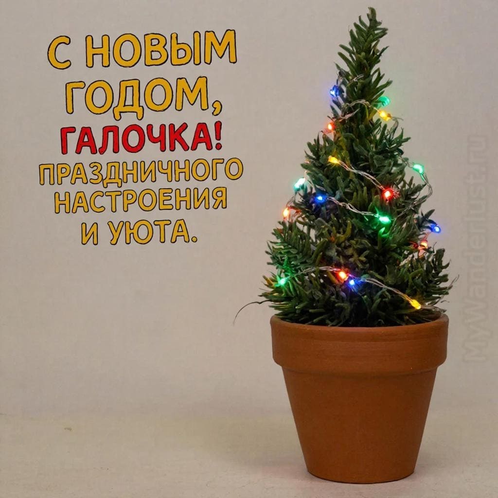 Глиняный горшок с мини-ёлкой, обмотанной тонкой гирляндой — С Новым годом, Галочка! Праздничного настроения и уюта.