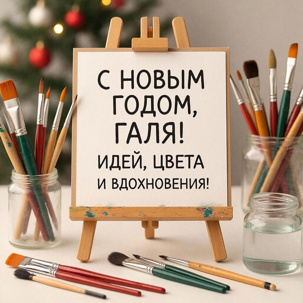 Открытка на мольберте, кисти и баночка с водой, готовая к рисованию — С Новым годом, Галя! Идей, цвета и вдохновения.