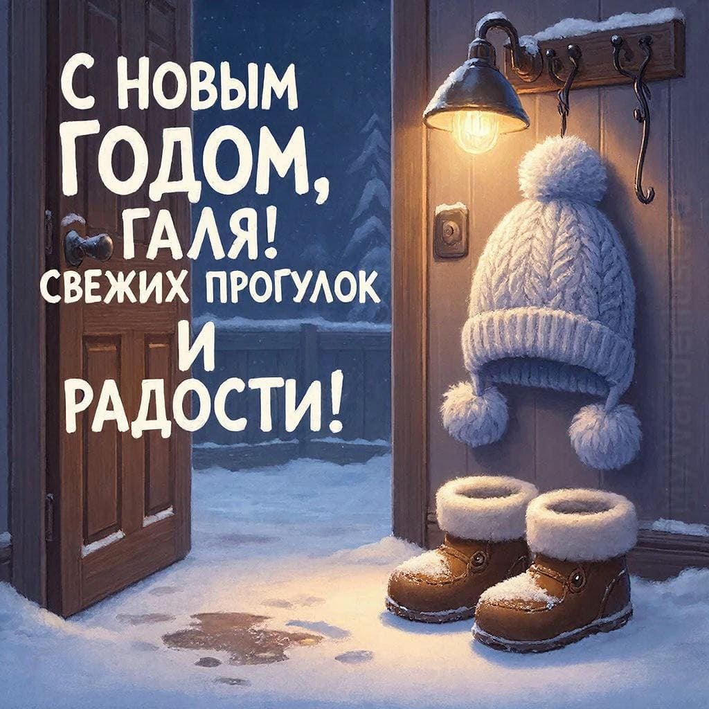 Зимняя прогулка: ботинки у двери, мокрый след и шапка на крючке — С Новым годом, Галя! Свежих прогулок и радости.
