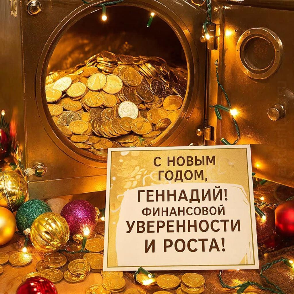 Сейф, монеты, ёлочные шары и праздничная гирлянда — «С Новым годом, Геннадий! Финансовой уверенности и роста!»