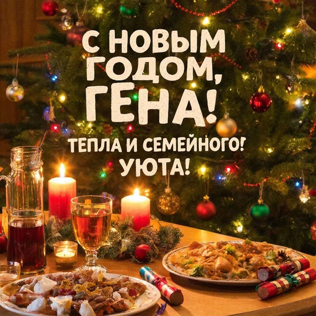 Домашний ужин, свечи, украшенная ёлка и хлопушки — «С Новым годом, Геннадий! Тепла и семейного уюта!»