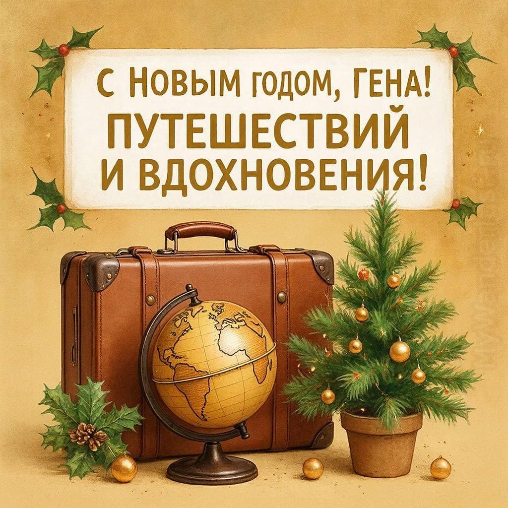 Чемодан, глобус, новогодние наклейки и мини-ёлочка — «С Новым годом, Геннадий! Путешествий и вдохновения!»