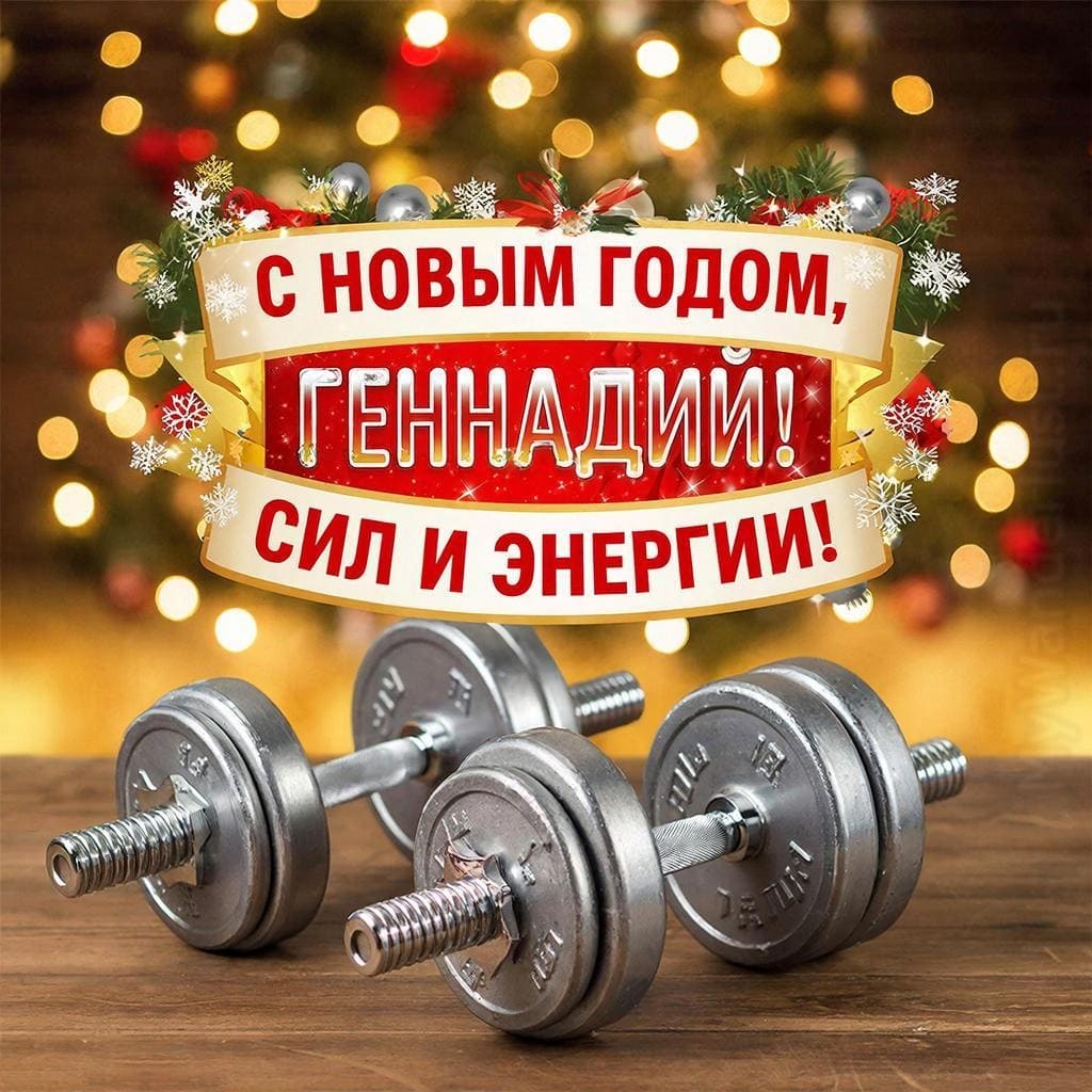 Спортивные гантели, мотивационный постер и гирлянда — «С Новым годом, Геннадий! Энергии и силы!»